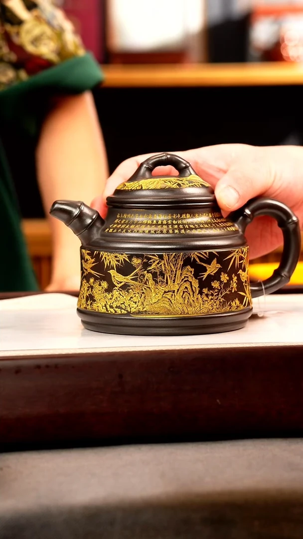 茶壶紫砂石黄 竹鼎 燕子图 描金