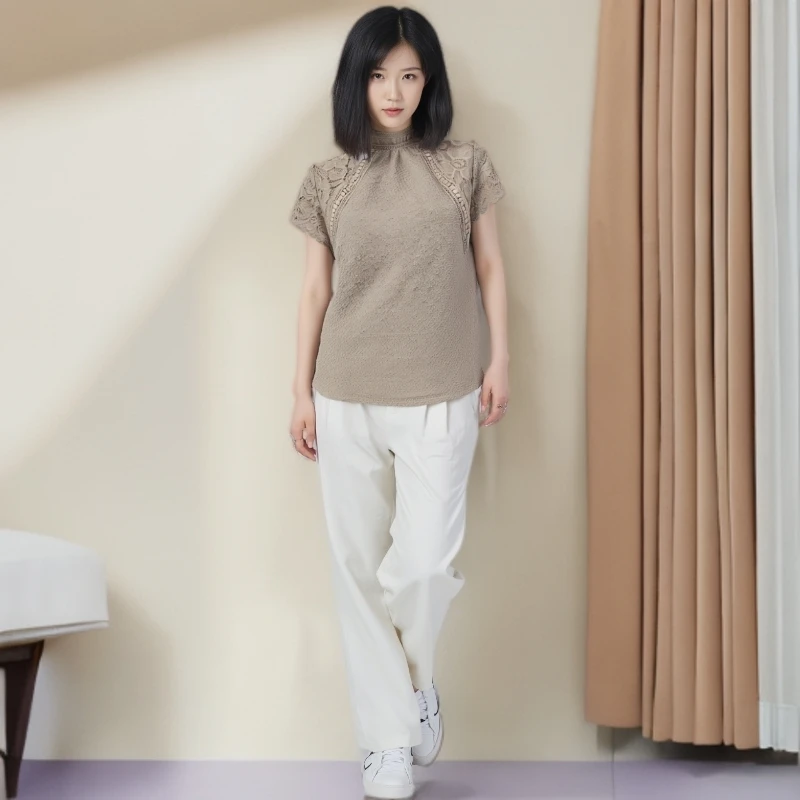 7B169新品右镂空半袖妈妈装针织