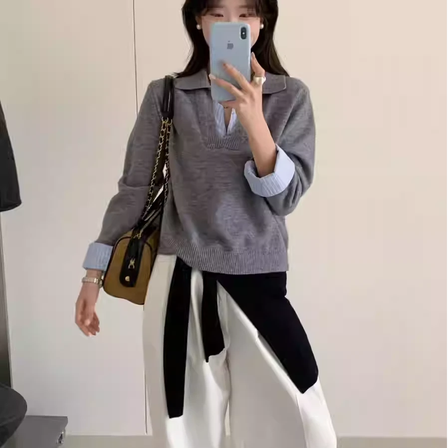 职业阿玛诗官2025秋冬季新款通勤设计感拼接条纹撞色假两件毛衣女