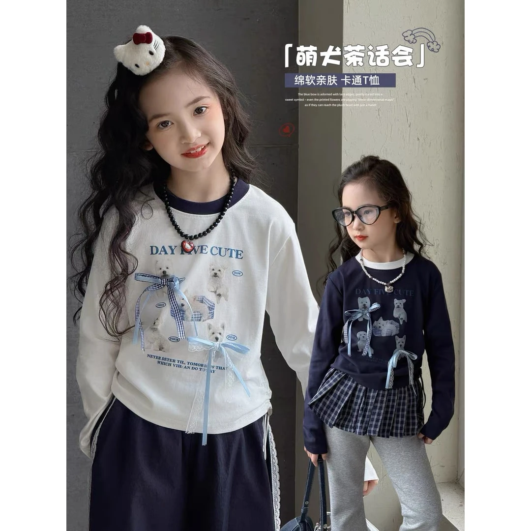 【现货】2025秋韩系萌犬茶话会立体蝴蝶结女童打底衫 D767 767 P