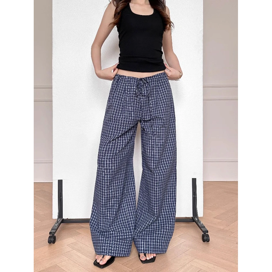 松弛感复古蓝格纹条纹阔腿裤女2025年夏季薄款松紧腰格子休闲裤子