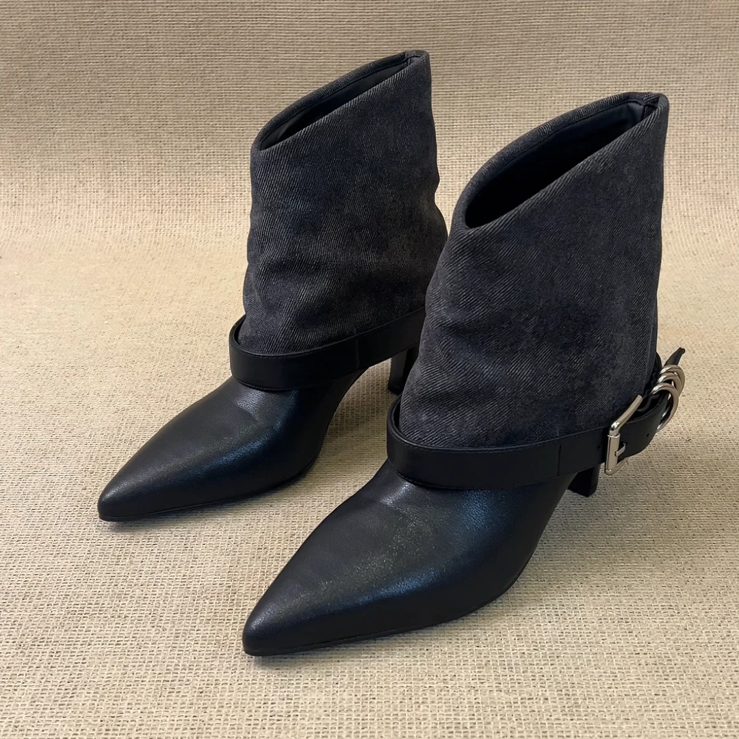 RubyL/4.5cm/6.5cm小众时尚气质百搭皮带扣尖头细跟裤管靴女款