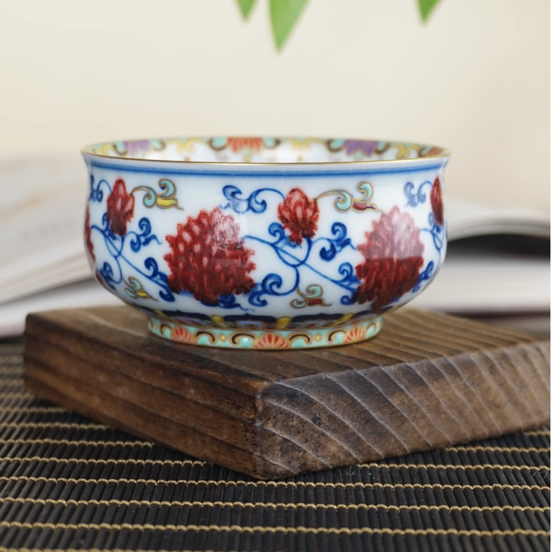 百蕙堂120ml敦煌珐琅彩原矿釉里红缠枝莲炉式杯正宗景德镇主人杯