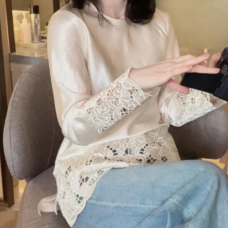 新中式国风下摆镂空上衣2025新款春季简约圆领打底衫12403
