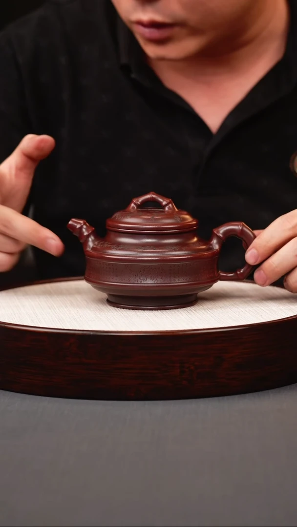 茶壶紫砂古红泥双线竹鼓