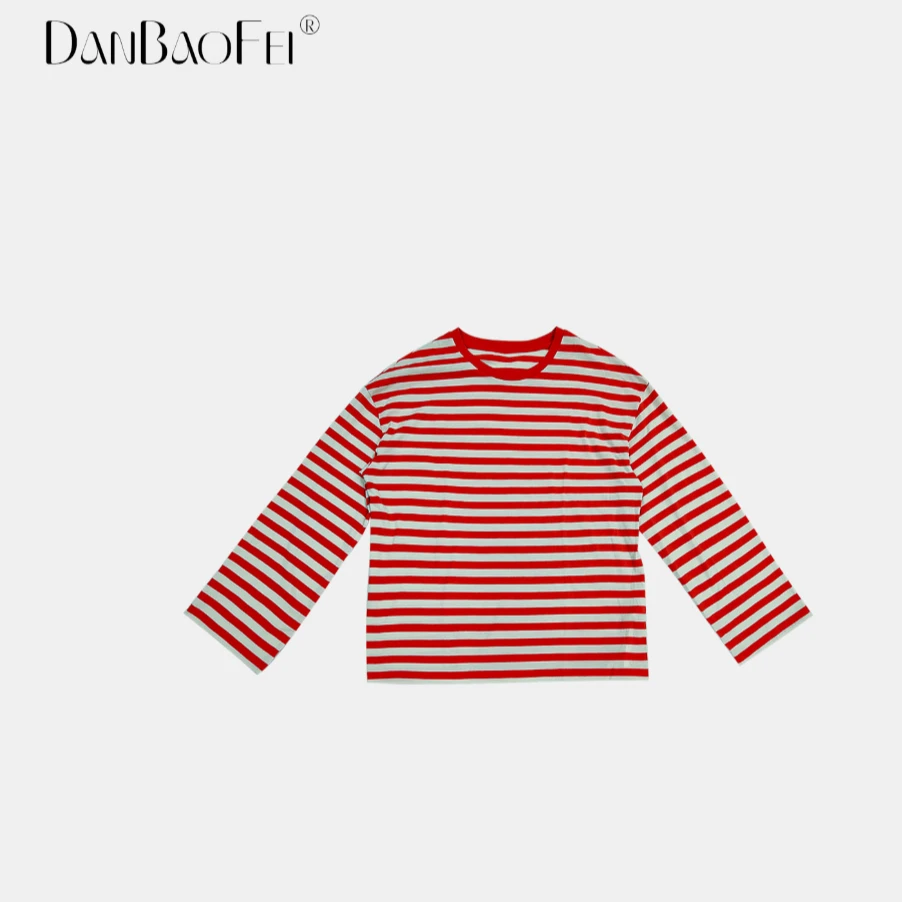 // 橘条纹 圆领长袖T恤撞色设计休闲舒适针织上衣 YLM00600