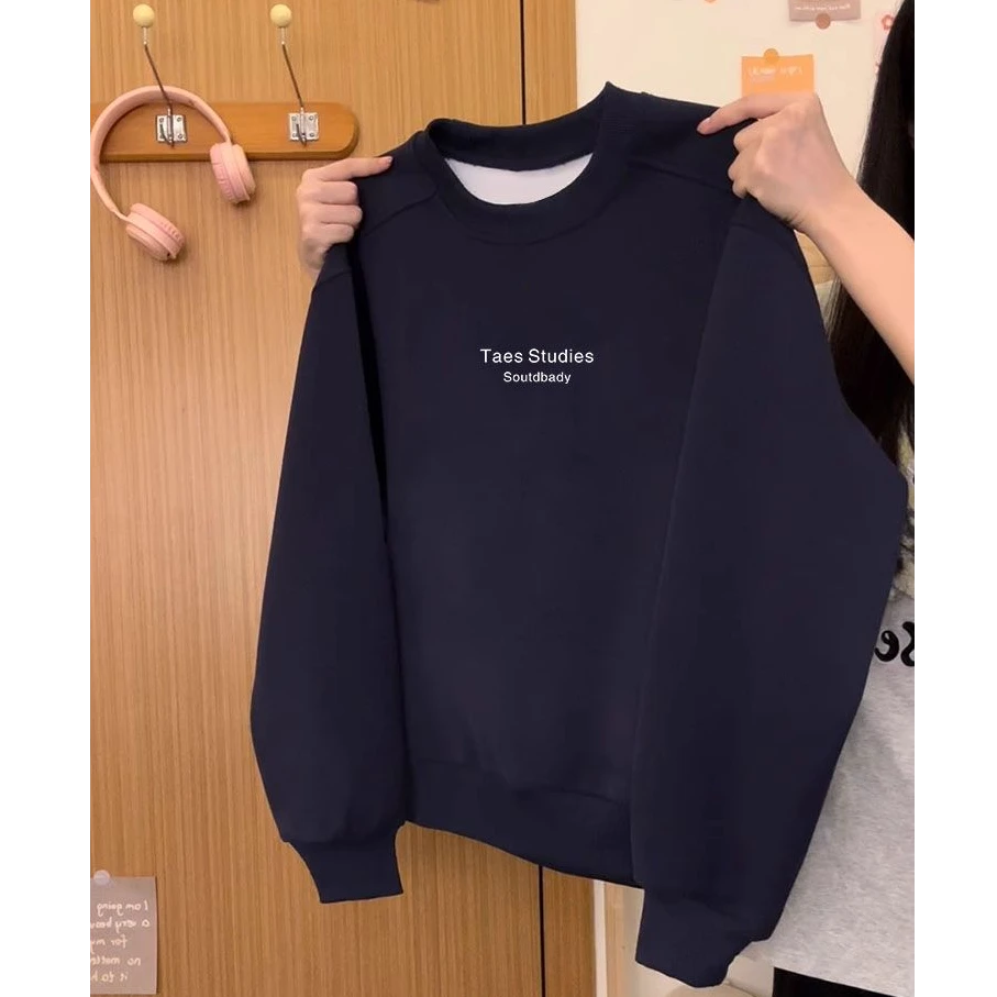 圆领套头打底衫加绒加厚卫衣女2025春秋季新款宽松韩版潮情侣外套