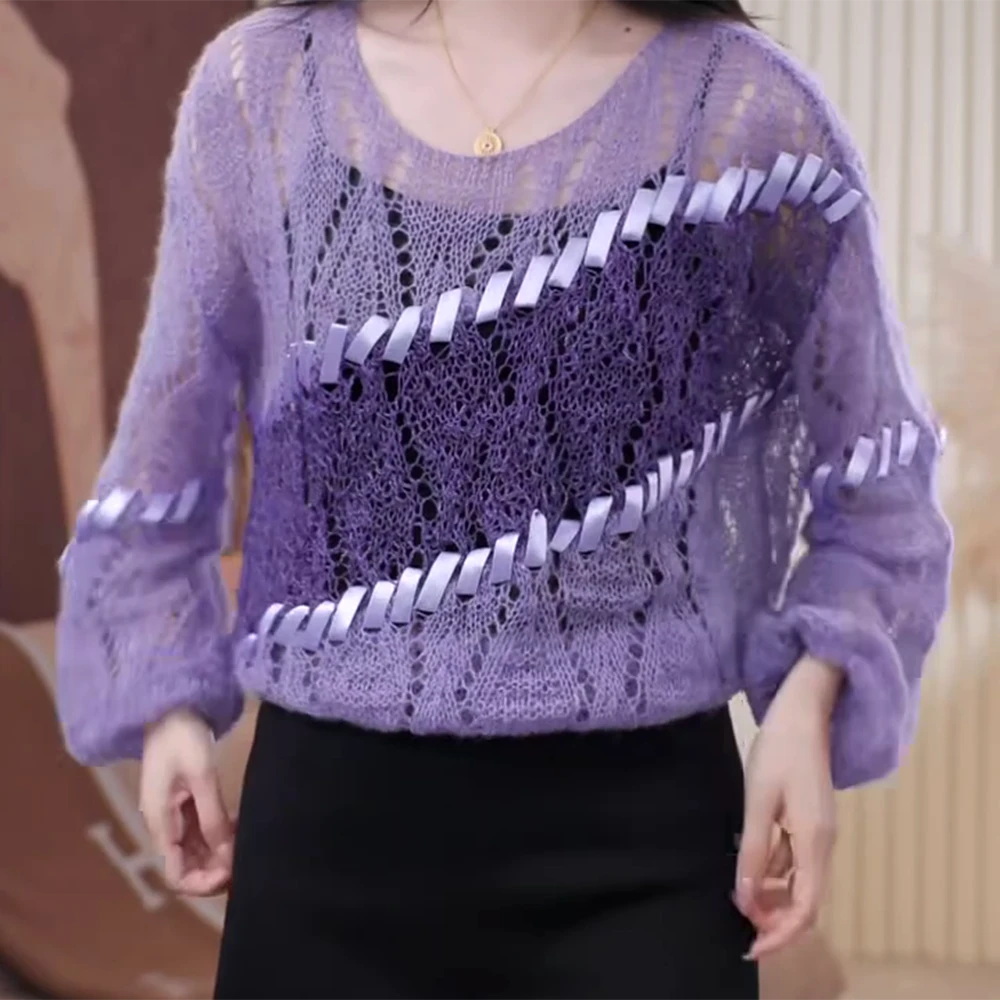 蔷薇 2025春夏上新百搭休闲欧若风针织衫女时尚镂空气质圆领