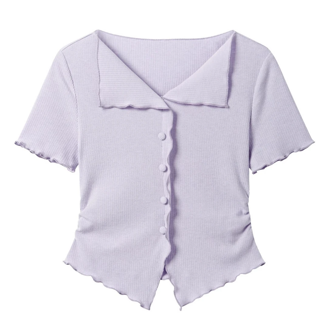 羊城故事-V领长袖T恤女木耳边不规则显瘦正肩短款上衣Y50449546