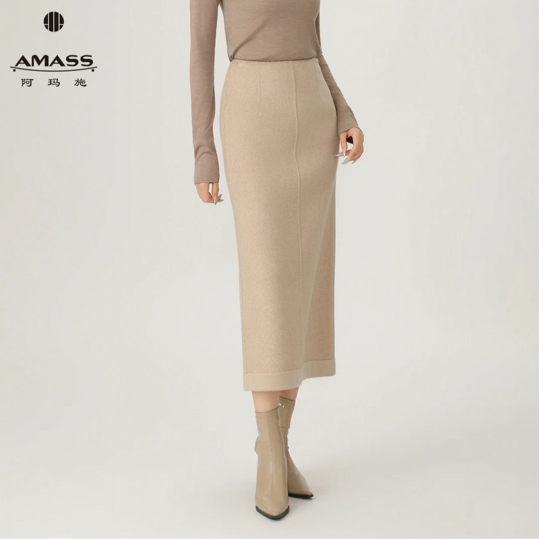 AMASS/阿玛施中长裙极简风复古港风半身裙半裙修身显瘦毛呢520037