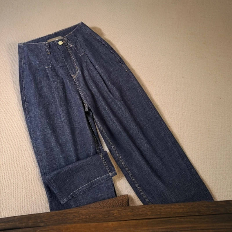 深蓝色复古高腰牛仔裤女春秋季2025新款垂感宽松直筒阔腿拖地裤子