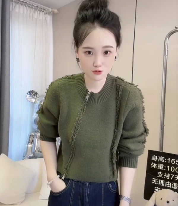 设计感小众轻奢拉链开衫韩版流苏百搭气质短款显瘦镂空沙开春秋冬