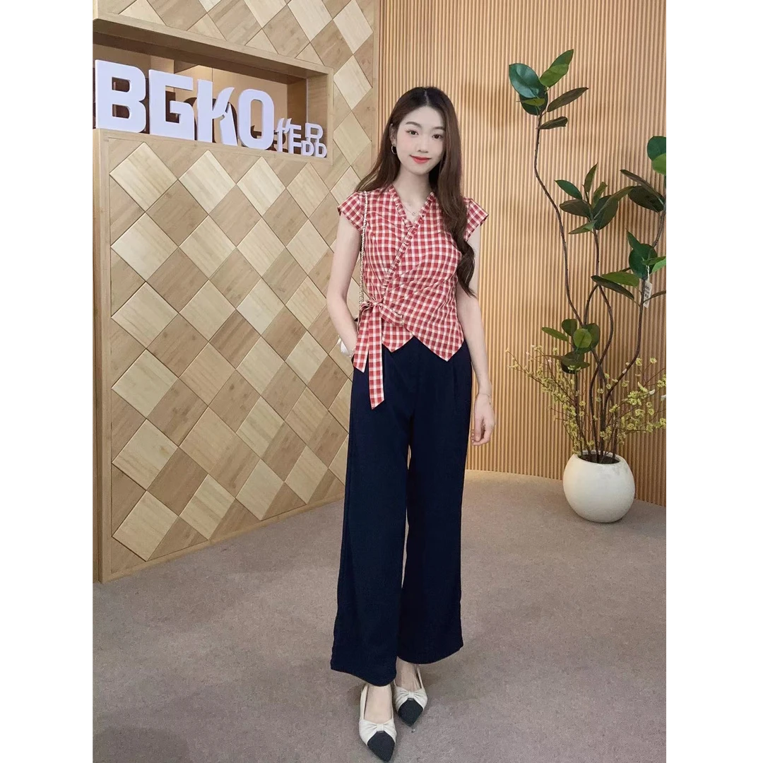 碧高小个子女装  夏季新款港风复古红色格子收腰显瘦上下套裤套装