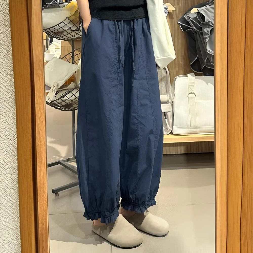 大码藏青色花苞灯笼裤女士秋季胖mm新款宽松显瘦九分阔腿南瓜裤子