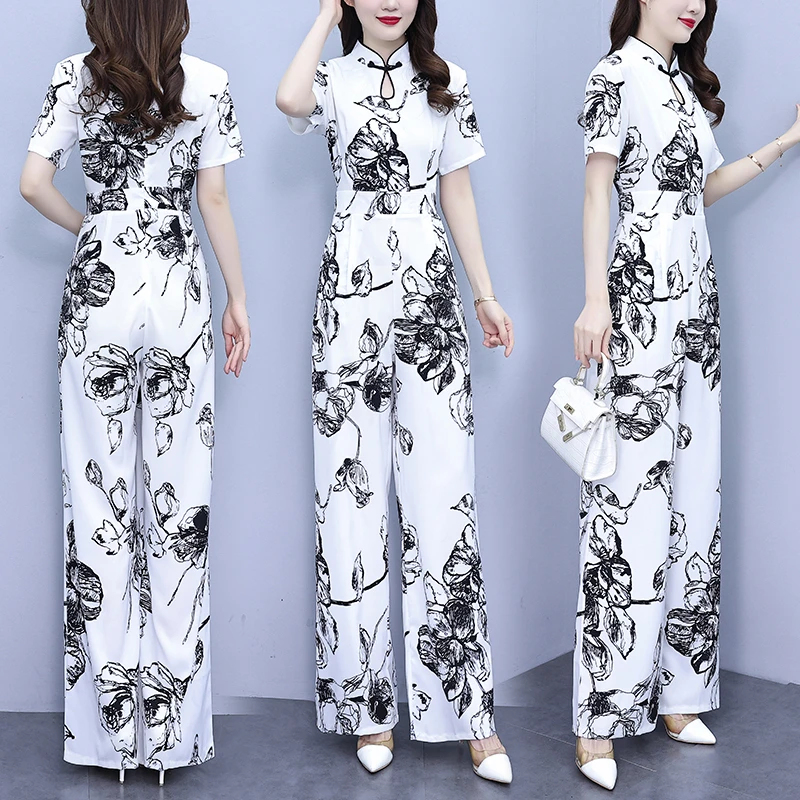 白花色短袖连体裤2025夏新修身长款高腰中式领薄款垂坠感阔腿裤