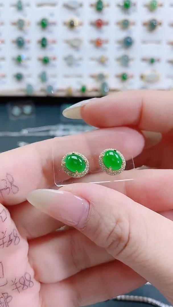 银S925镶嵌翡翠耳饰天然翡翠