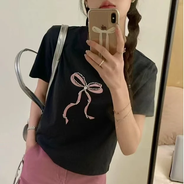 程程甄选 -「潮系穿搭」 重工钉珠蝴蝶结休闲百搭短袖25123