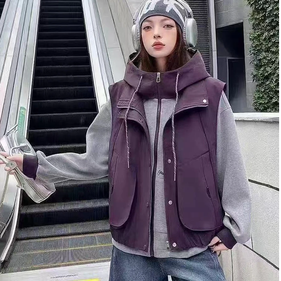 2025秋冬季新款韩版宽松显瘦无袖棉马甲+连帽卫衣两件套女F6957B