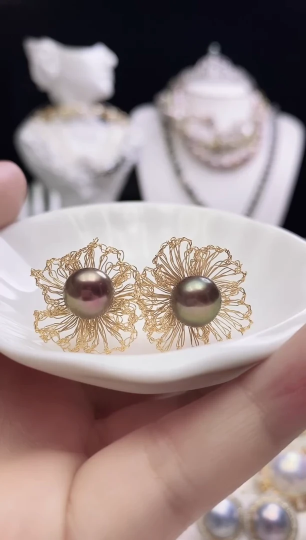 银S925镶嵌耳钉淡水珍珠王****）淡水紫珠耳钉