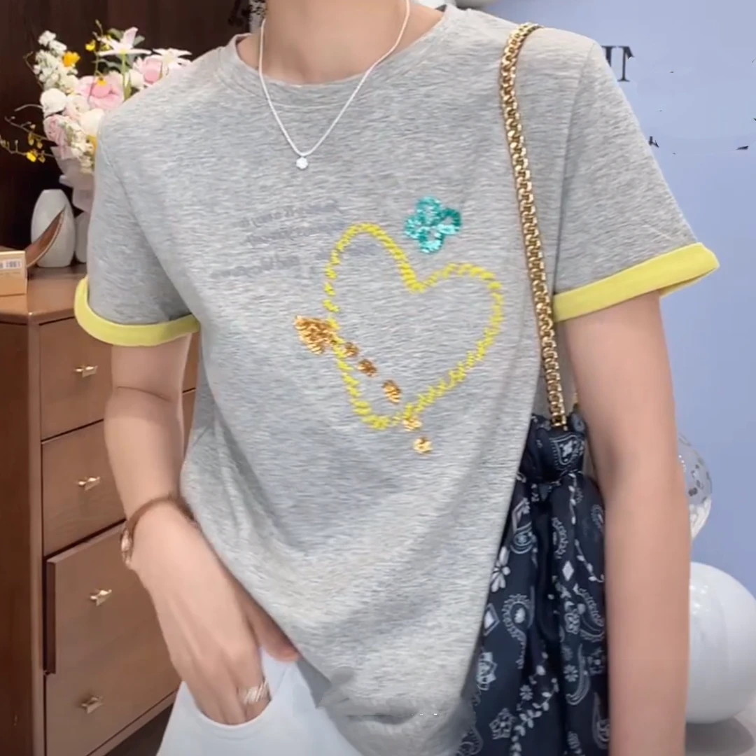 设计感撞色刺绣圆领短袖T恤女2025春夏新款韩版休闲百搭套头上衣