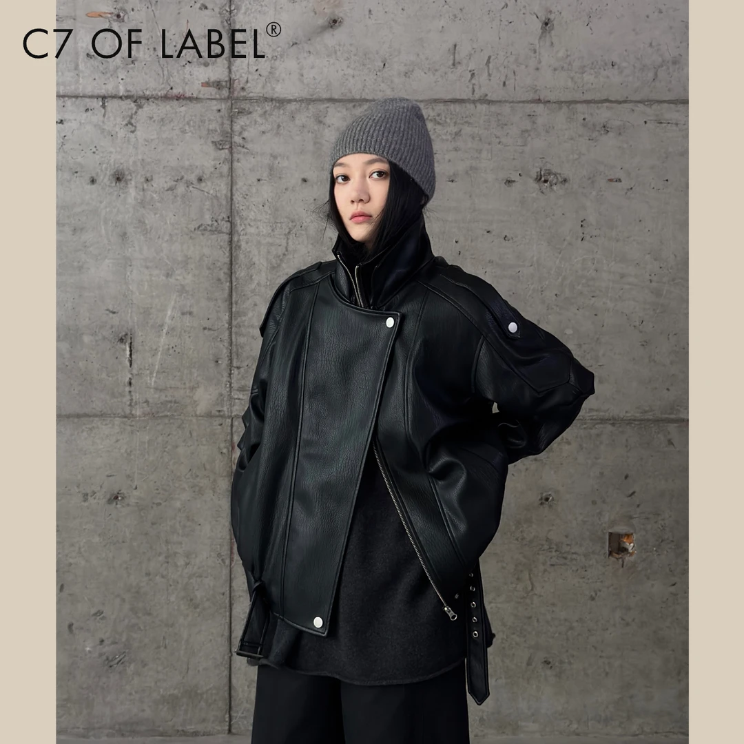 C7「桑塔」蛋白皮 飒感复古重工立领牛筋收口皮外套