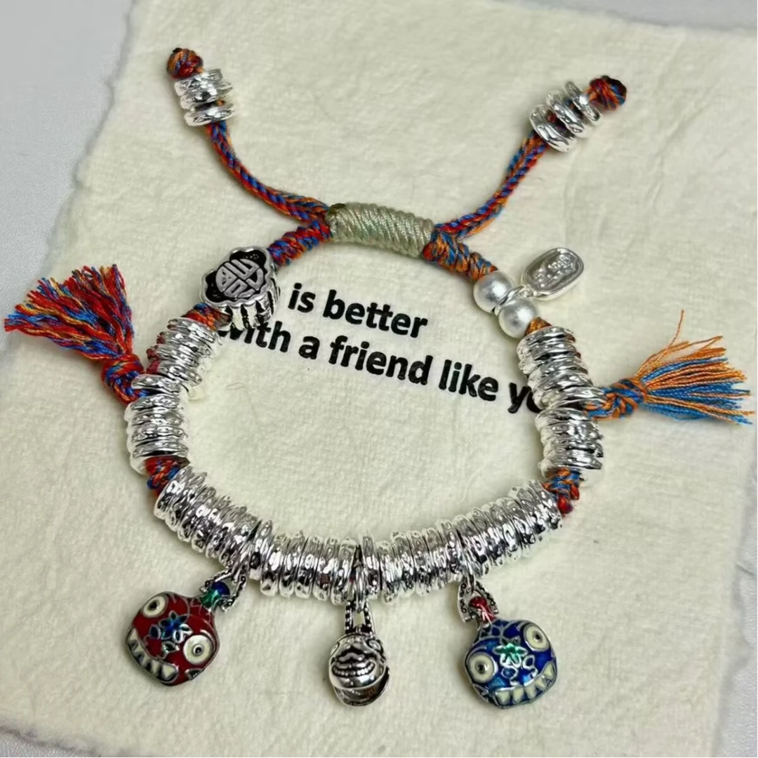 足银手链 【A834】43g999.9吞金兽一家三口盘缠复古编织纯手工编绳