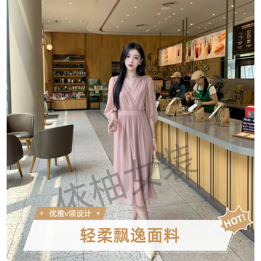 温柔风 闪闪柔紫V领夏季新款宽松显瘦中长款连衣裙