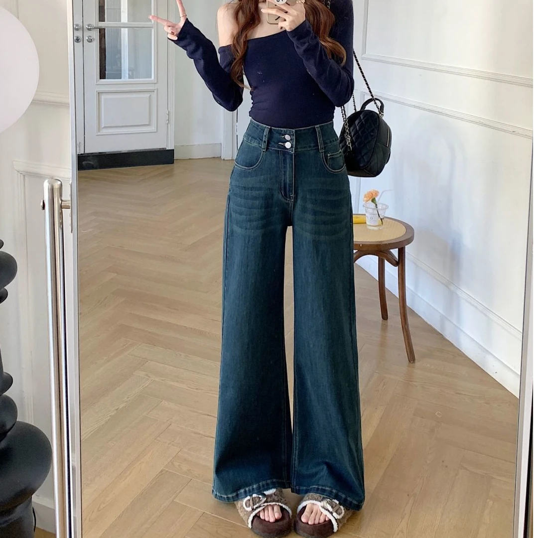 【EACA】秋冬加绒加厚重工水洗高腰宽松复古蓝牛仔阔腿裤  6602-1