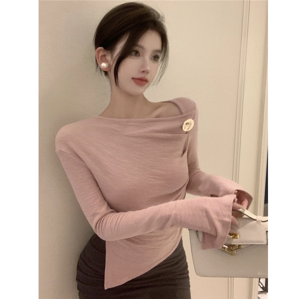 2025秋冬新款设计感不规则褶皱长袖T恤上衣配显瘦高腰半身裙套装