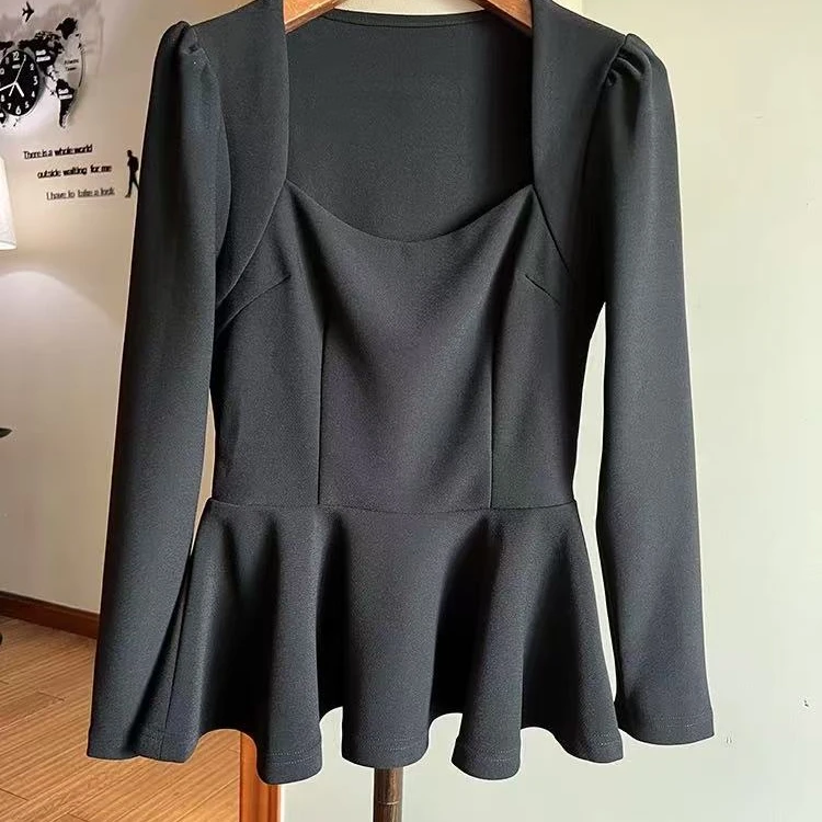 法式方领知性赫本风贵妇千金上衣  时尚荷叶边气质女神上衣潮8817