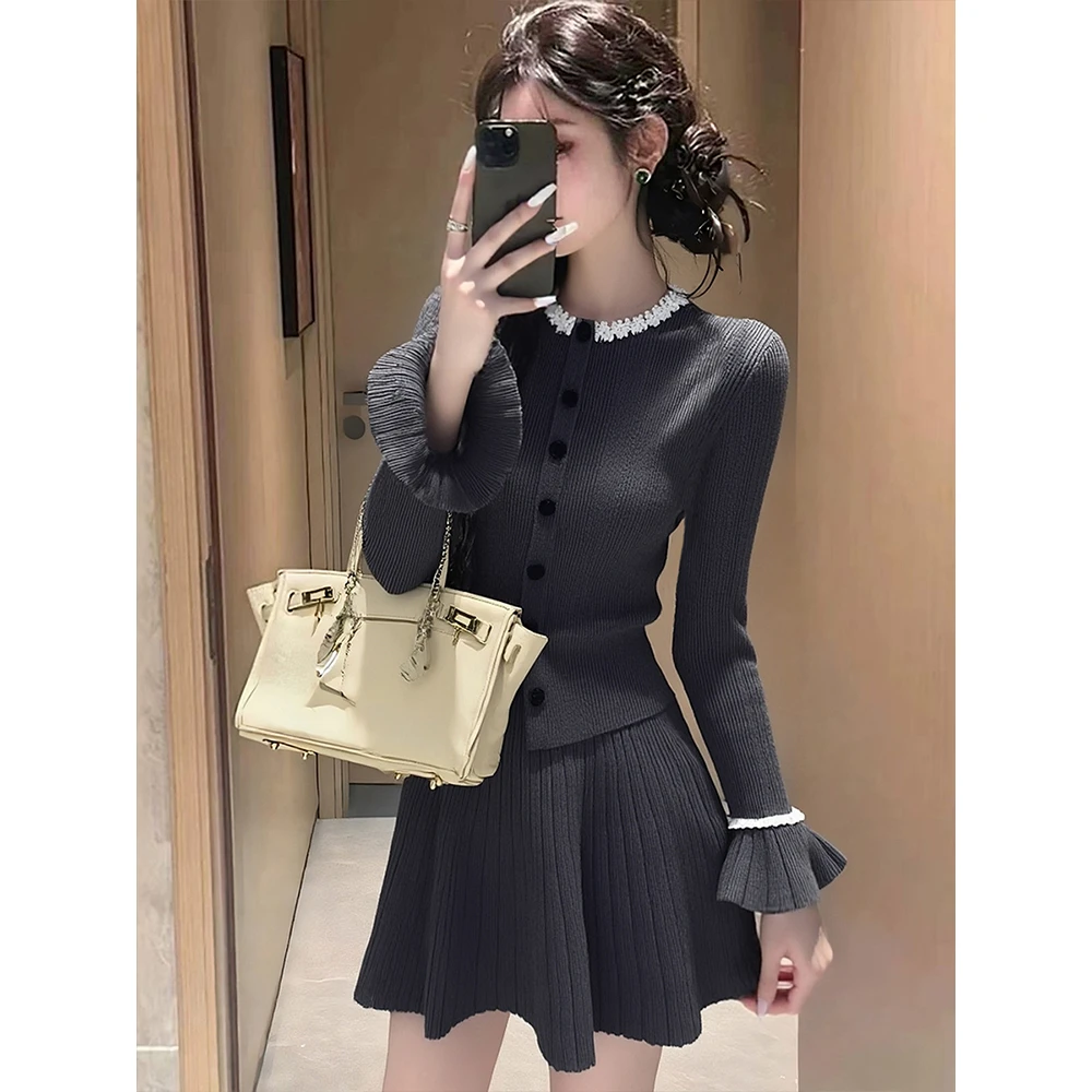 小香风套装女2025秋冬圆领花边修身针织开衫外套百褶半身裙两件套
