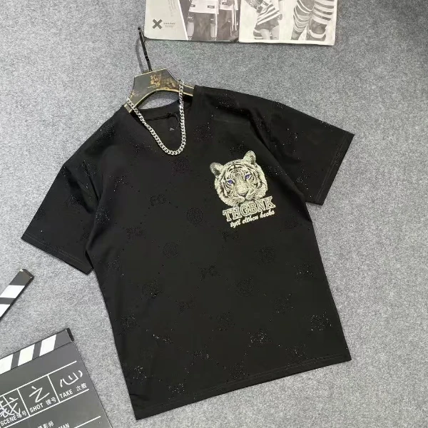 張張913潮牌新款满钻小虎头短袖男女同款T恤圆领休闲上衣
