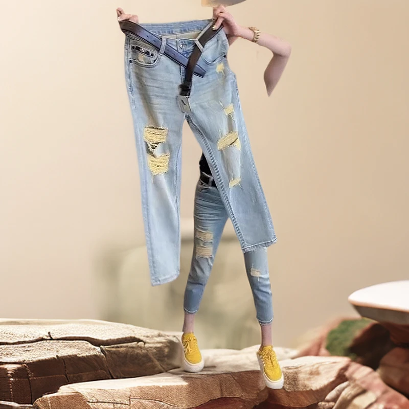 大码女装弹力修身破洞直筒牛仔裤春季新款百搭高腰显瘦八分烟管裤