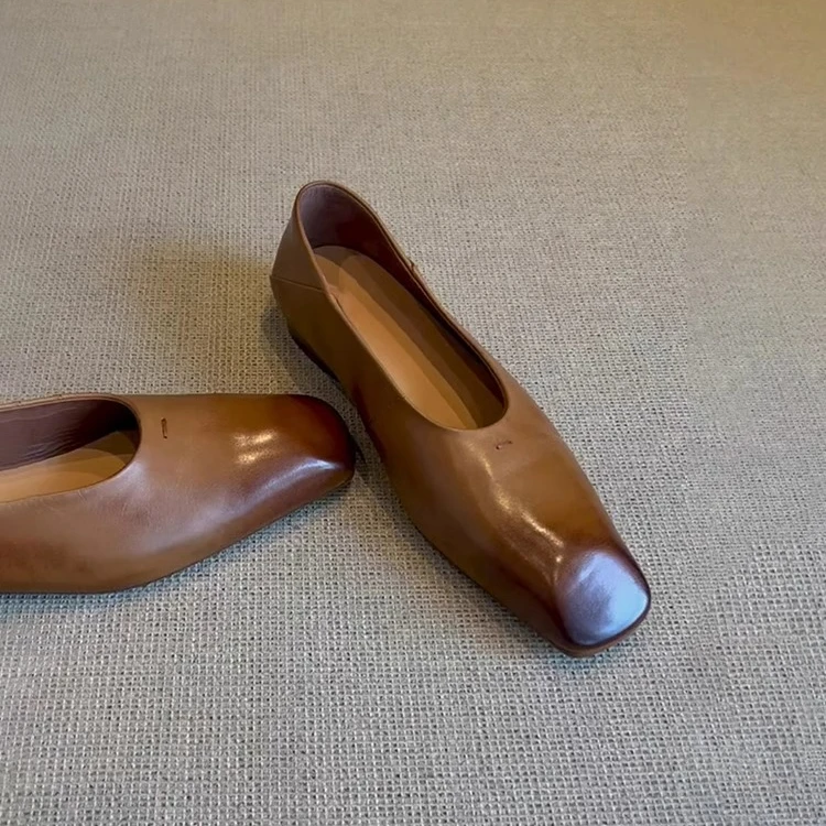 羊皮版~方头复古极简气质浅口单鞋女一脚蹬通勤法式平底鞋奶奶鞋