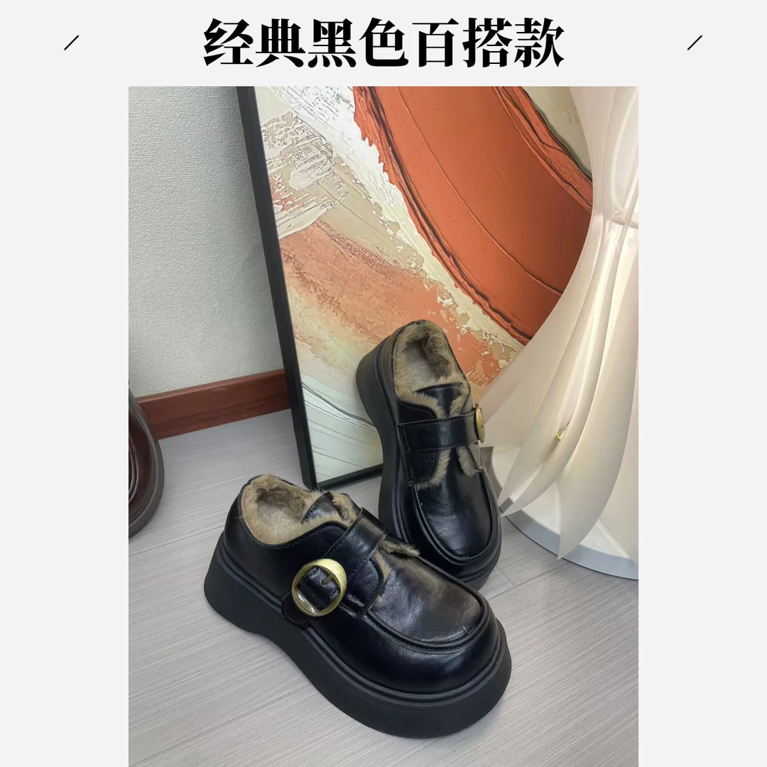 2025冬季新款乐福鞋女粗跟厚底单鞋复古皮带扣英伦风小皮鞋