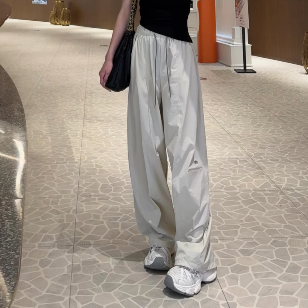 新款夏季薄款字母刺绣高腰显瘦阔腿裤宽松速干休闲裤百搭两穿裤