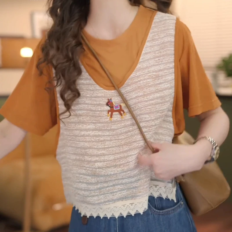 【柔声晚霞】2025新款夏日T恤女假两件休闲显瘦上衣LK2504671