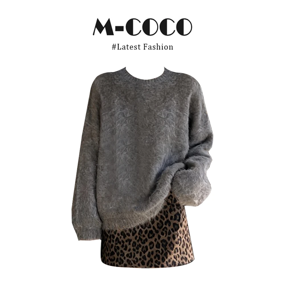 parkyeon韩系新款慵懒风复古针织上女搭豹纹半身裙秋冬时髦套装