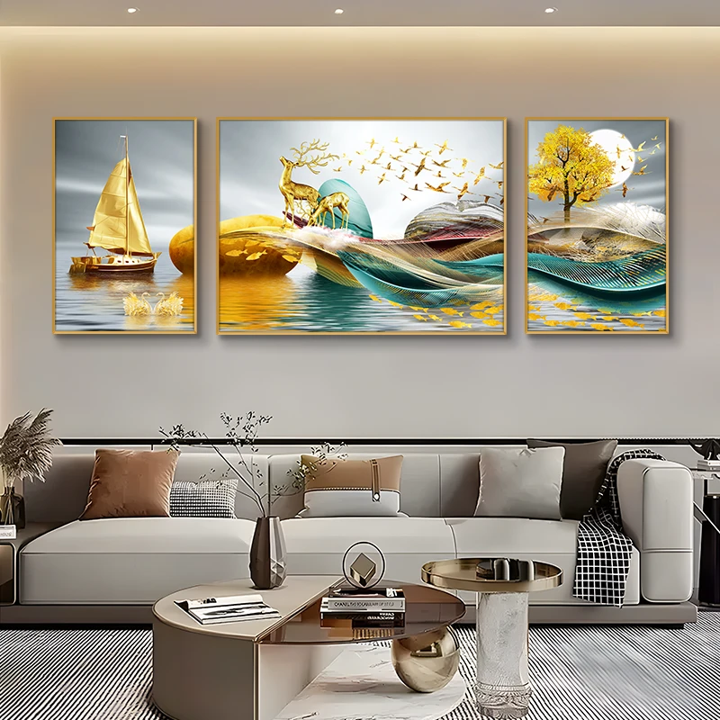 现代轻奢装饰画客厅沙发背景挂画高档精致三联画