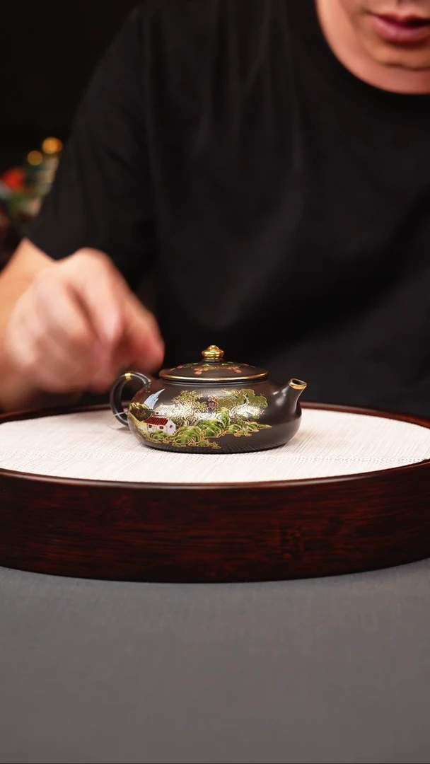 茶壶紫砂石黄珐琅彩山水寒江