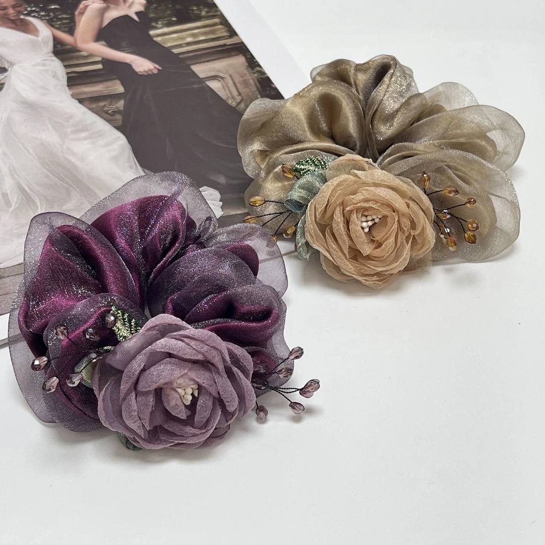 高级丸子盘发头绳发绳网红新款欧根纱大肠圈紫色温柔气质花朵头花