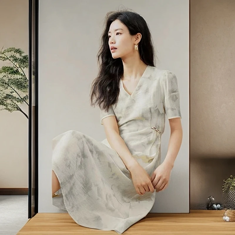 N078#灰【木兮兮专属】2025年夏季新款气质显瘦百搭时尚印花连衣裙