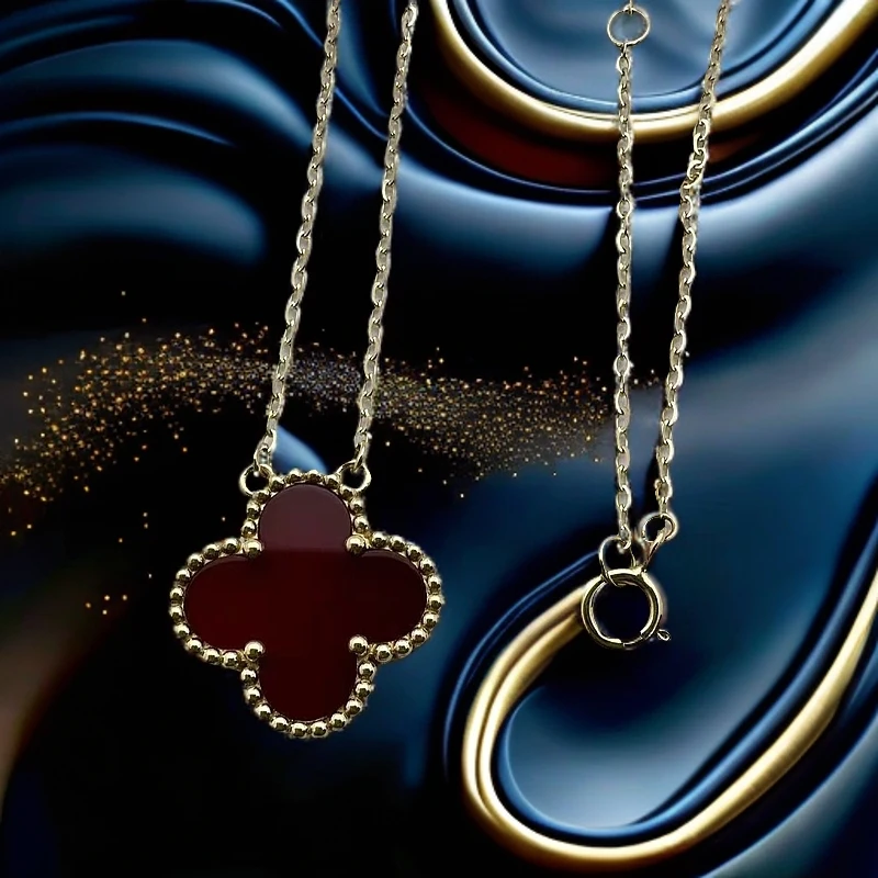 18K金镶嵌套链红玛瑙四叶单花套链 时尚大气百搭