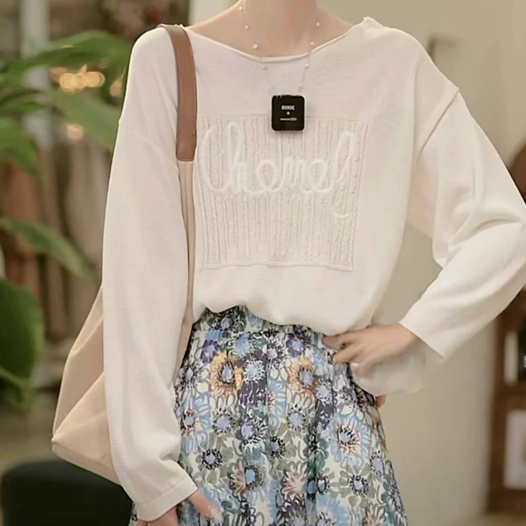 设计感字母刺绣长袖针织衫女2025春季新款时尚圆领慵懒风套头上衣