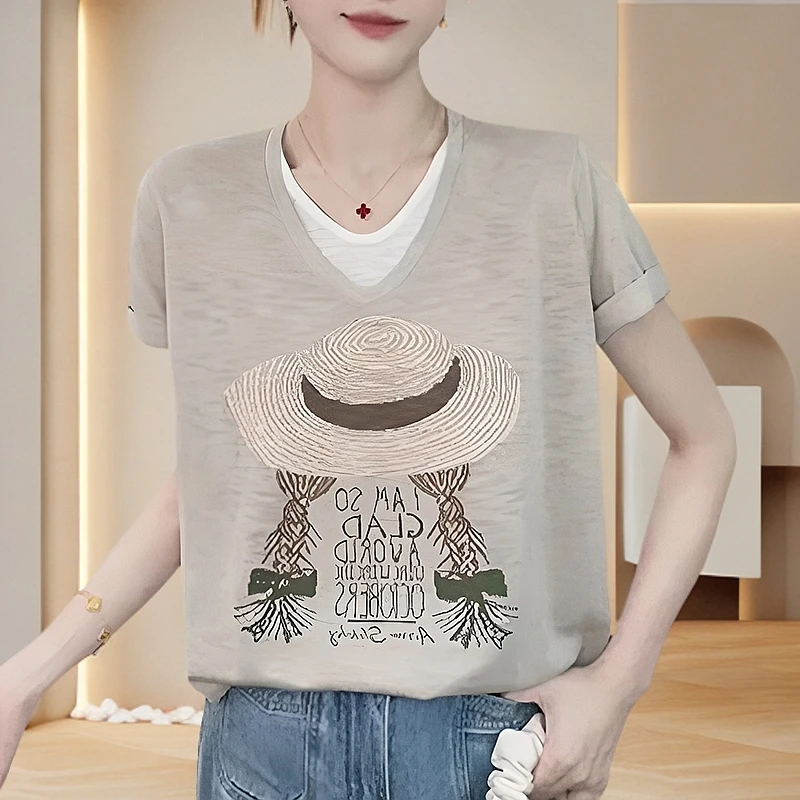 韩版宽松女孩卡通印花短袖t恤女款2025新款爆款夏季v领假两件上衣