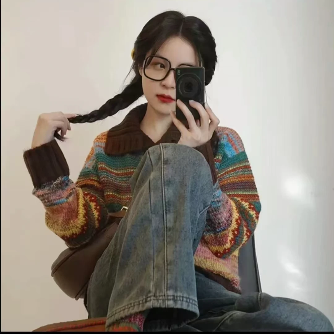 韩版费尔岛秋冬毛衣慵懒高级彩色条纹美拉德宽松显瘦复古针织上衣