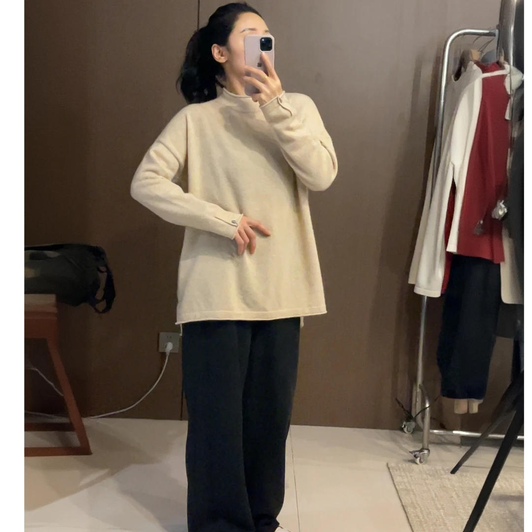 【100%纯山羊绒】圆领针织上衣女小开叉套头衫