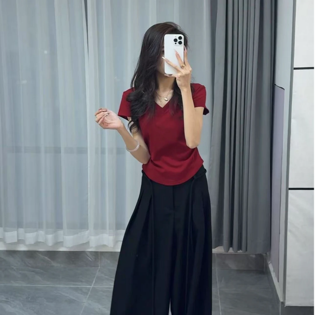 日不落家-高弹收腰V领短袖上衣