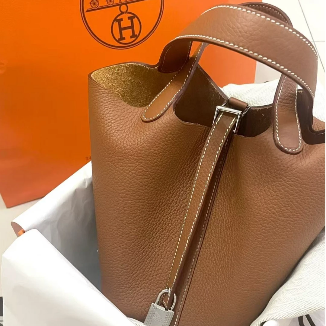 99新 Hermes/爱马仕 HZ爱马仕菜篮子18金棕银扣框r手提包