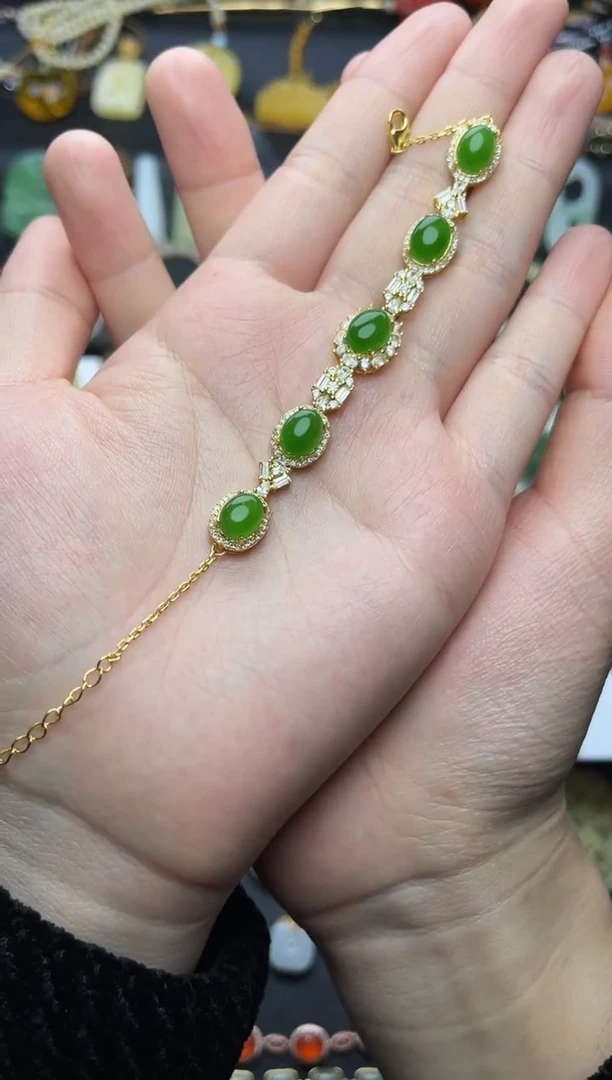 银S925镶嵌手链和田玉碧玉手链06